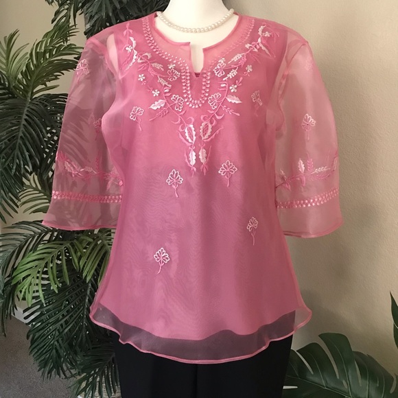 Blush Pink Kimona Blouse or Ladies Barong Tagalog with beautiful embroidery - Picture 7 of 16